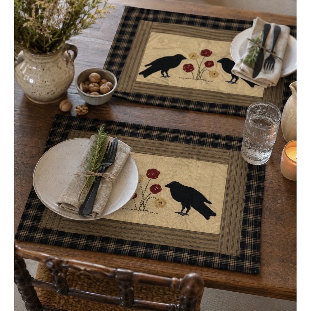 Set 4 Primitive Two Old Crows Appliqué Placemats  Farmhouse Country Cottage